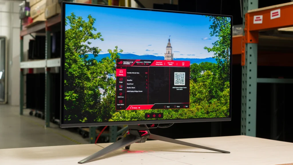PG32UCDM Gen3 Design ASUS PG32UCDM Gen3 QD-OLED monitor front view showing panel coating and stand