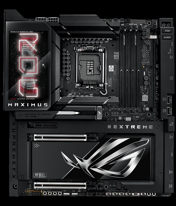 ASUS ROG Maximus Z890 Extreme motherboard showing its extended VRM heatsink array covering the 24+1+2+2 phase design