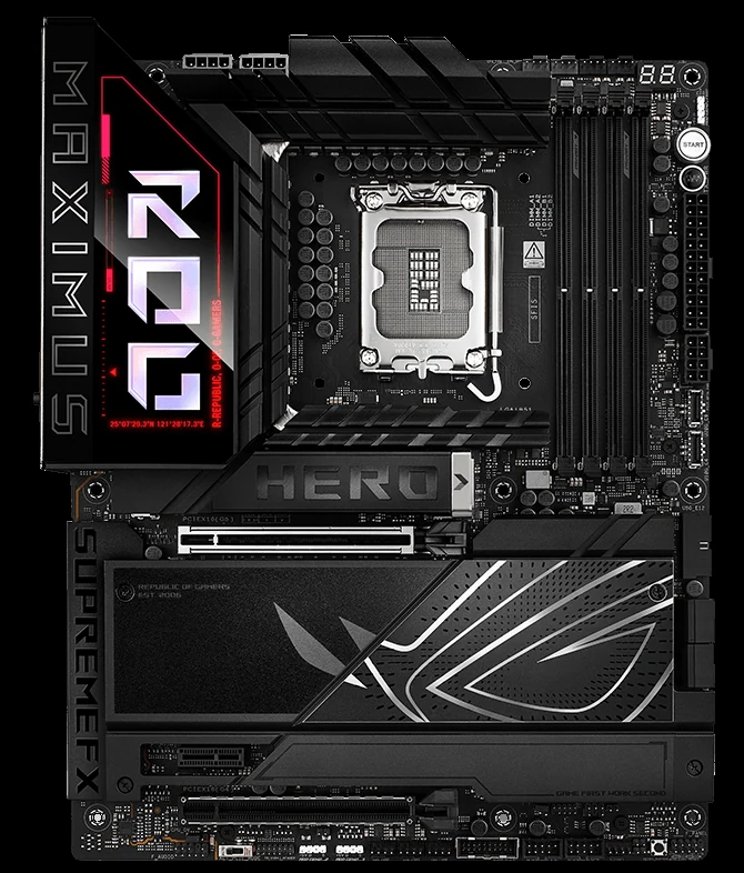 ASUS ROG Maximus Z890 Hero motherboard showing its VRM heatsink and power stage layout