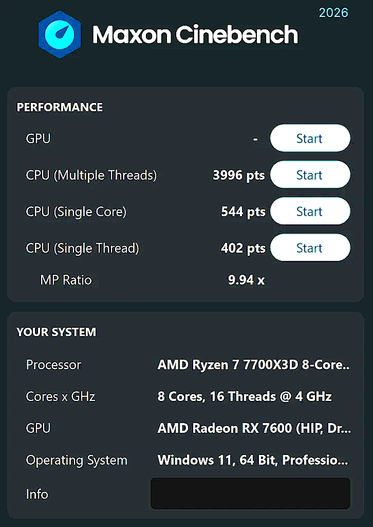 Cinebench 2026 multi-thread and single-thread scores for the Ryzen 7 7700X3D