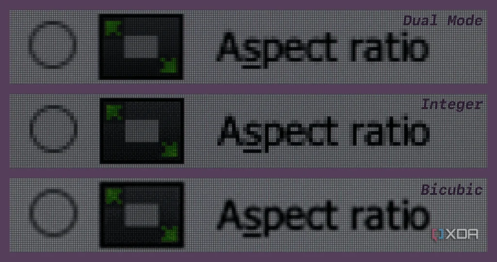 Dual-mode scaling comparison Comparison showing blurry scaling artifacts when a dual-mode monitor drops to its lower native resolution