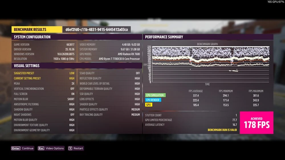 Forza Horizon 5 benchmark settings and results screen