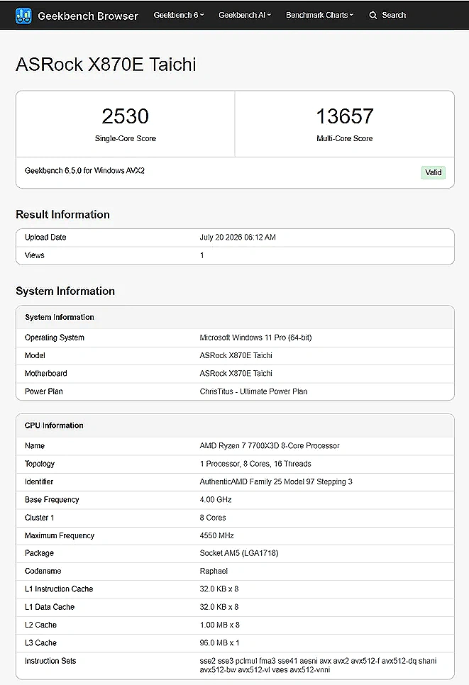 Geekbench 6 multi-core and single-core scores for the Ryzen 7 7700X3D