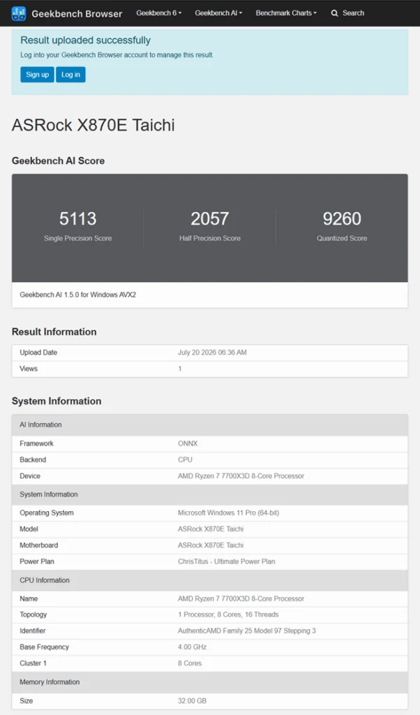 Geekbench AI quantized score for the Ryzen 7 7700X3D
