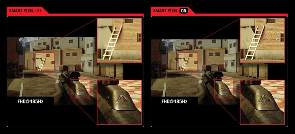 Illustration of ASUS Smart Pixel upscaling technology sharpening a lower-resolution image