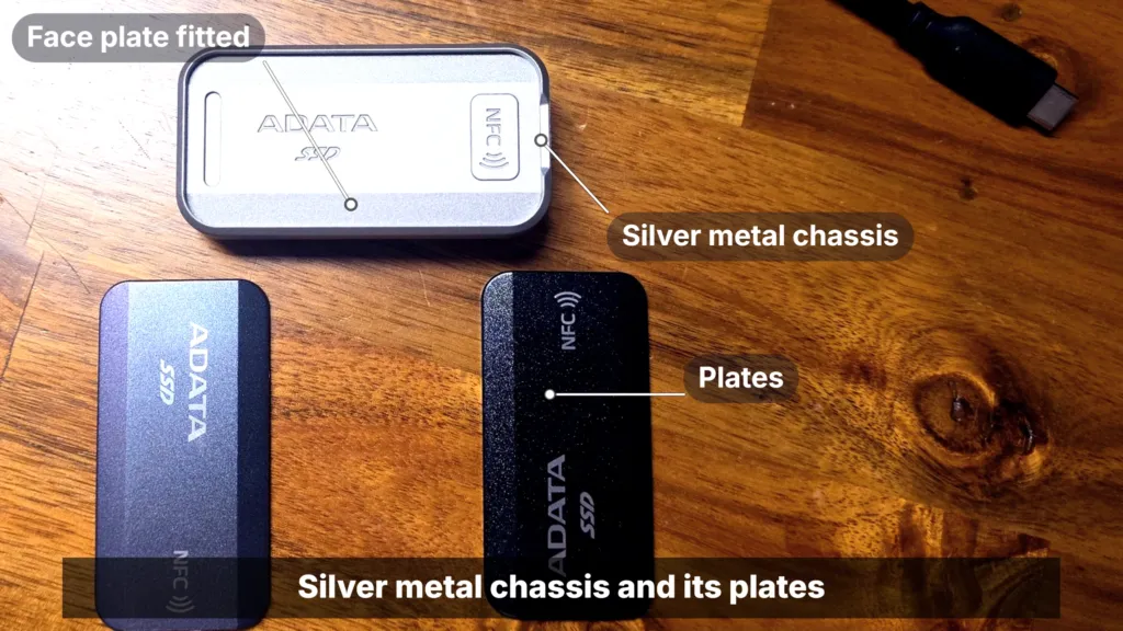 Adata Tapsafe metal chassis Adata Tapsafe external SSD in a silver metal chassis with its face plate fitted