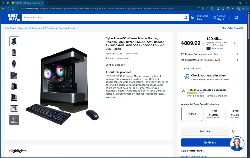 Best Buy product listing for a CyberPowerPC prebuilt gaming desktop containing the 4GB Radeon RX 9050, priced at $900