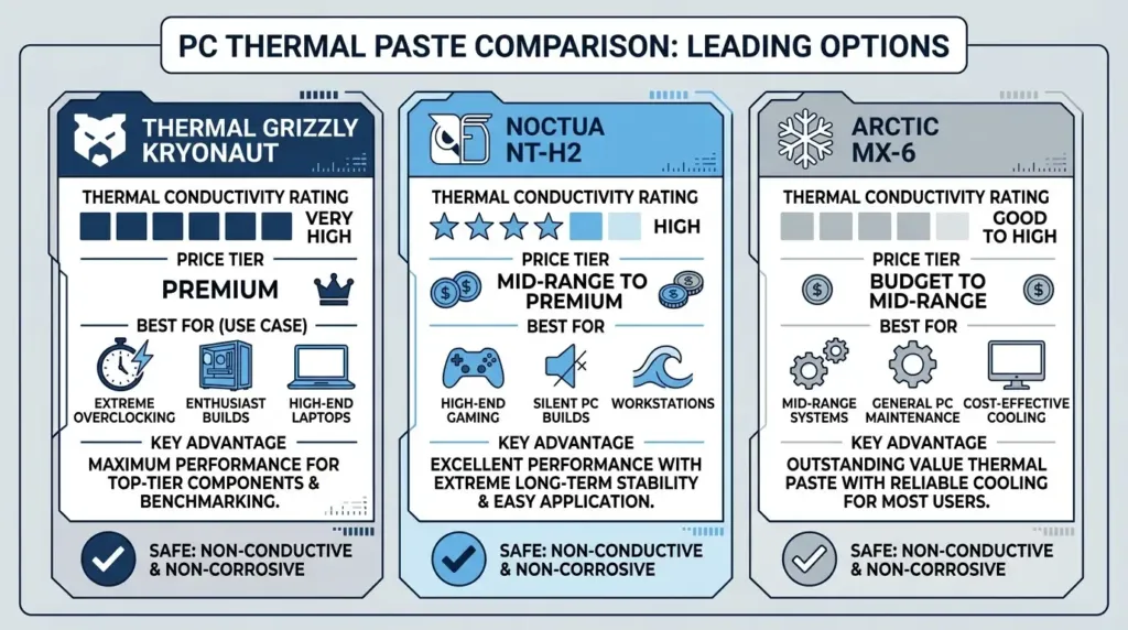 Kryonaut vs MX-6 vs NT-H2 Comparison chart of Thermal Grizzly Kryonaut, Arctic MX-6, and Noctua NT-H2 thermal performance