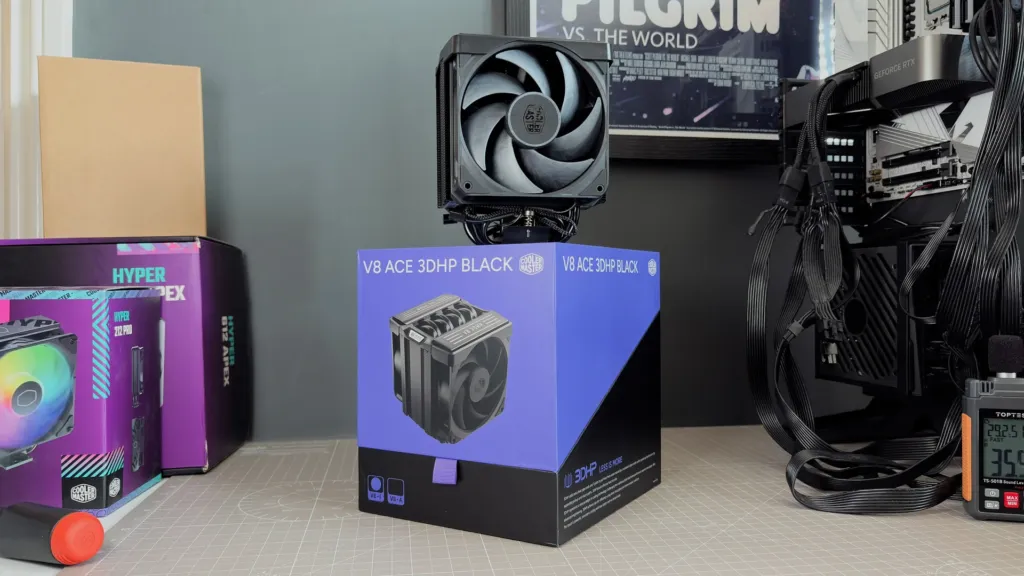 V8 Ace on Intel test bench Cooler Master V8 Ace mounted on an Intel test bench