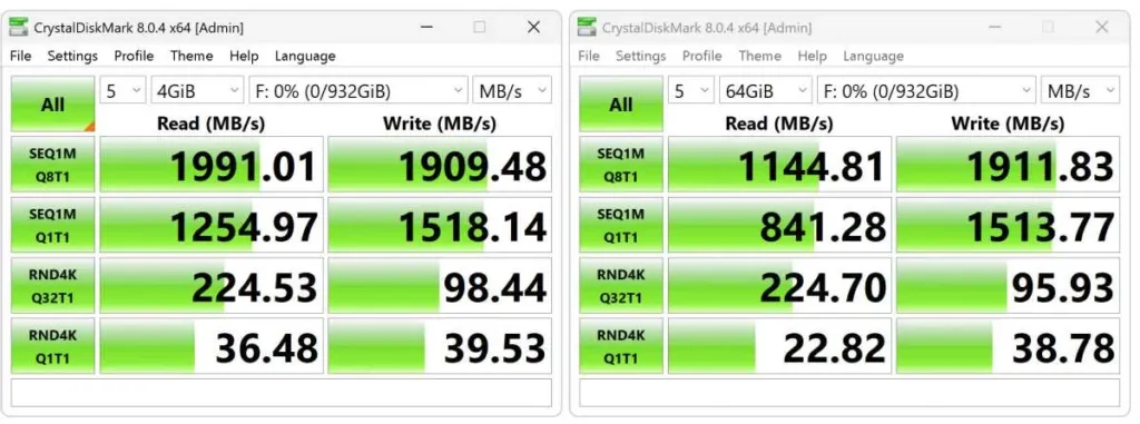 CrystalDiskMark data set comparison CrystalDiskMark 8 results for the Adata Urban TapSafe compared across data set sizes, with read speed lower on the larger set