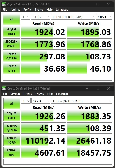 CrystalDiskMark on the Tapsafe 2TB CrystalDiskMark results for the ADATA Urban Tapsafe 2TB showing read of 1.926 GB/s and write of 1.895 GB/s