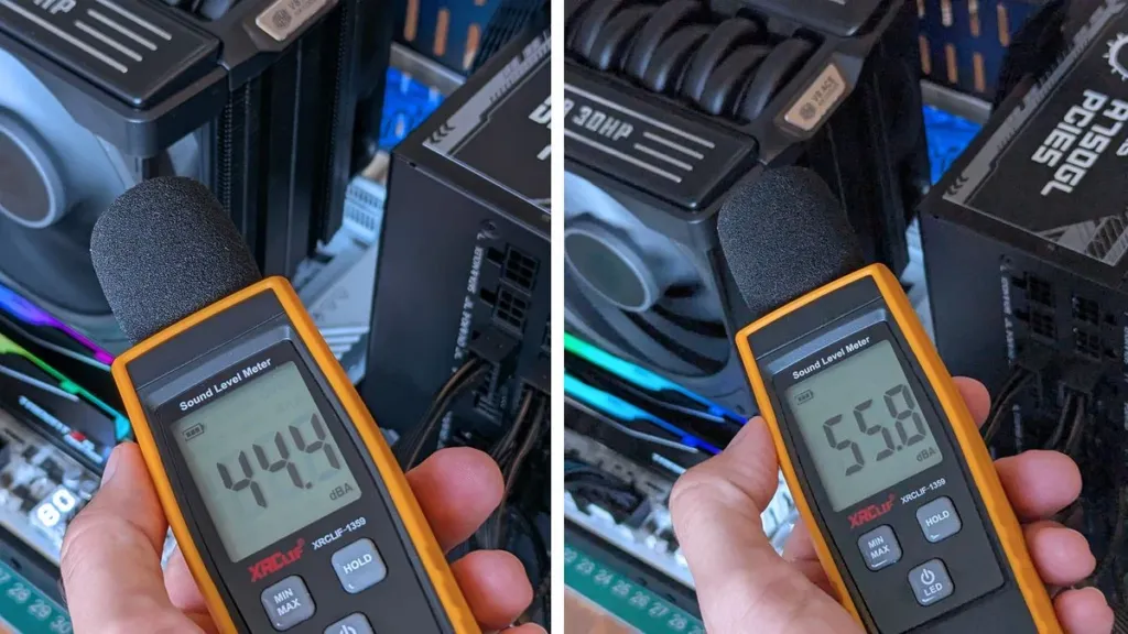 Windows Central noise meter readings Handheld sound level meter reading 55.8 dBA next to the Cooler Master V8 ACE 3DHP on an open test bench