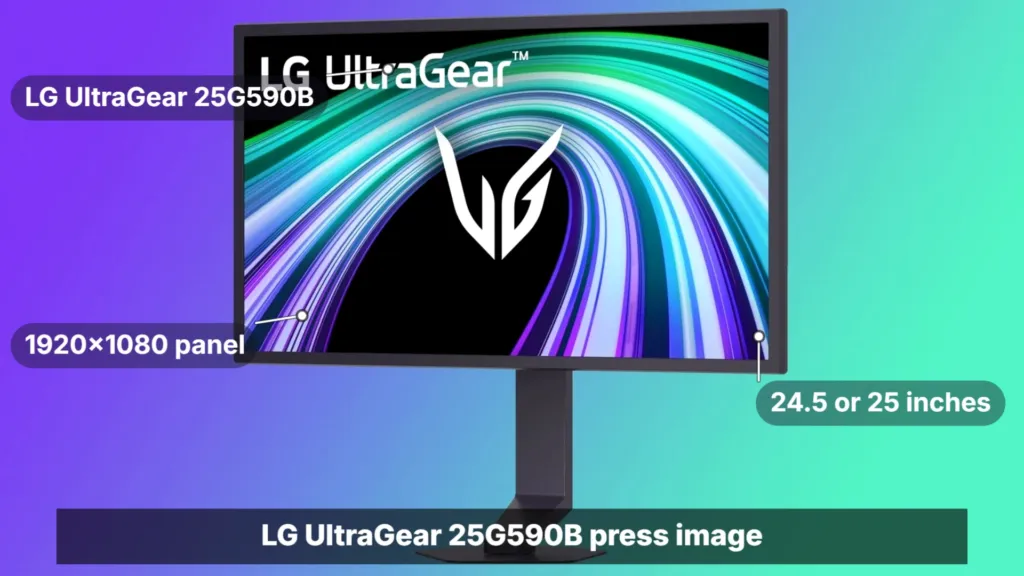 LG UltraGear 25G590B monitor on its slim stand with a plain front bezel