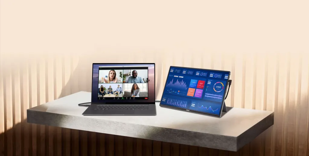 MQ16FC propped on its ergo stand at an angle between flat and fully upright