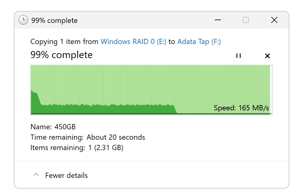 PCWorld's capture of the drop to native speed PCWorld's transfer graph for the Adata Urban Tapsafe showing write speed dropping to native flash speed partway through a large copy