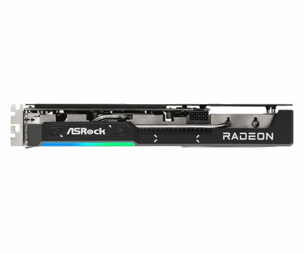 Rear I/O and power end of the ASRock Challenger RX 9050 with display outputs and an 8-pin connector