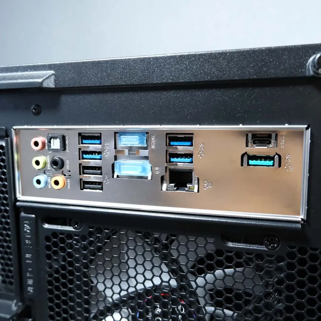 Asus Prime B550-Plus rear I/O Rear I/O panel of the Asus Prime B550-Plus showing one 10Gb Type-C, four 5Gb Type-A and two 480Mb Type-A USB ports