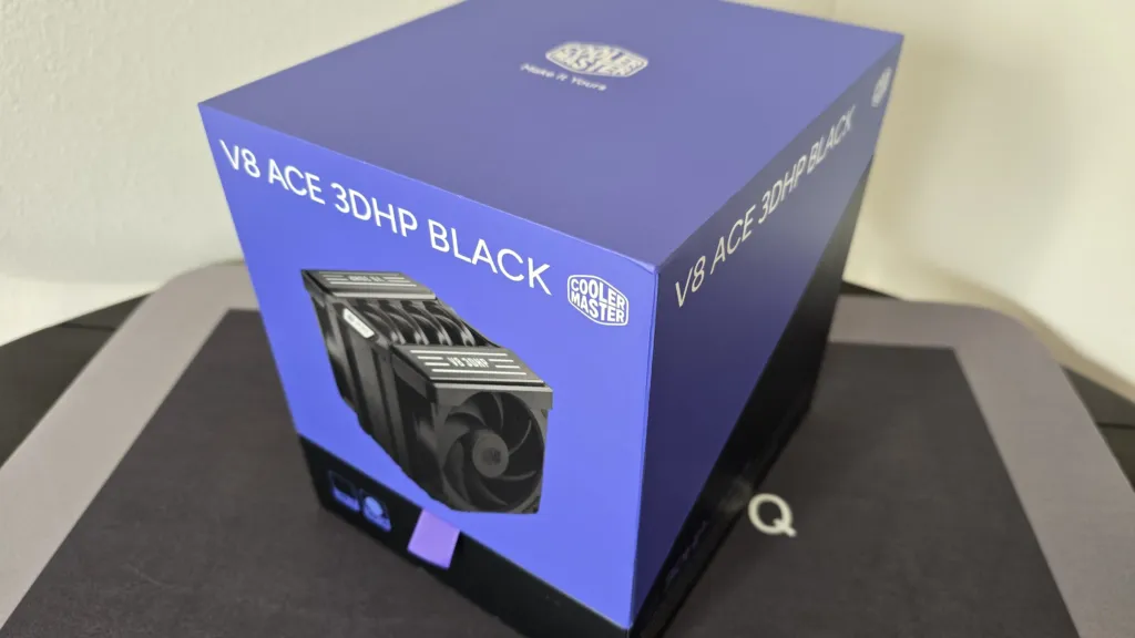 V8 Ace 3DHP retail packaging Retail packaging for the Cooler Master V8 Ace 3DHP, purple top half over a black bottom half