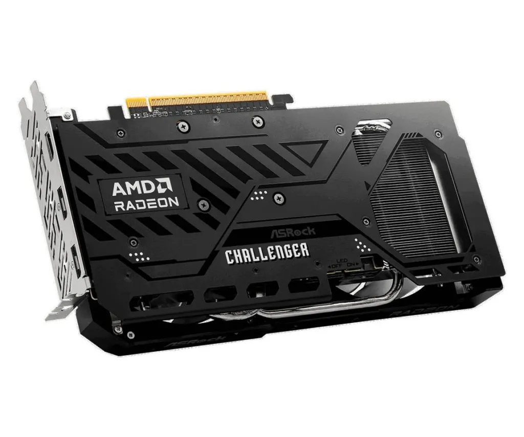 Second angle of the ASRock Challenger RX 9050 showing its two-fan, two-slot cooler