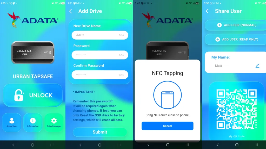 Tapsafe app setup screen Tapsafe app setup screen on a phone, where the drive is named and a password is set
