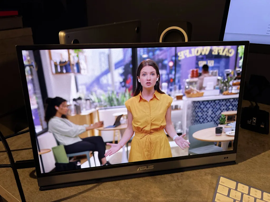 The Apple iPhone Keynote playing on the Asus ZenScreen MQ16AH portable OLED monitor