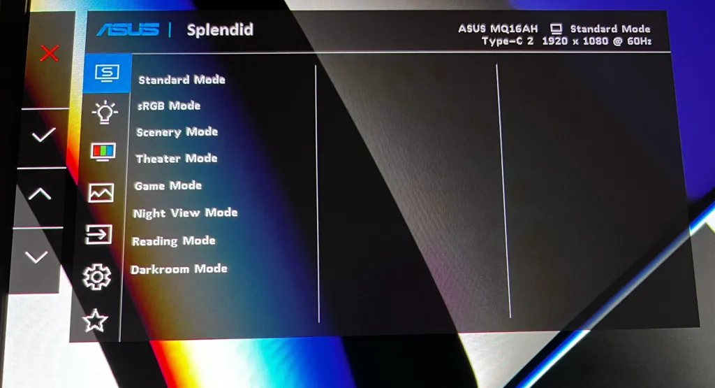 Vertical row of four control buttons on the edge of the Asus ZenScreen OLED MQ16AH