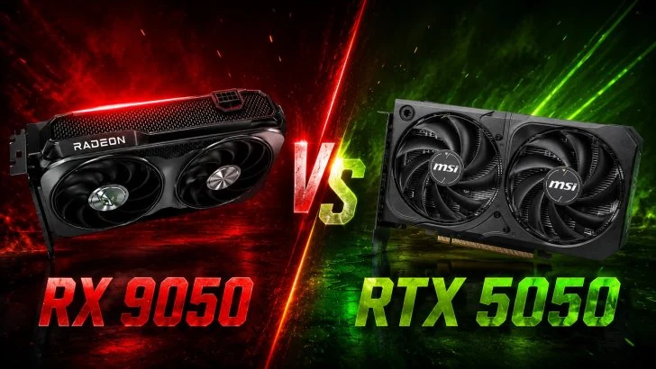 RX 9050 vs RTX 5050 AMD Radeon RX 9050 and Nvidia GeForce RTX 5050 graphics cards shown side by side