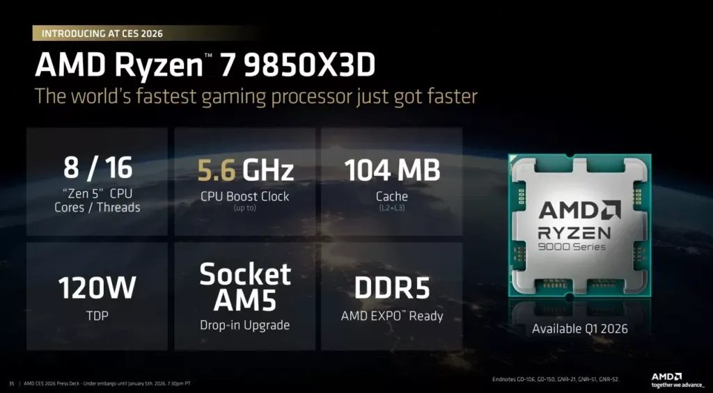 AMD Ryzen 7 9850X3D processor showing second-generation 3D V-Cache placement