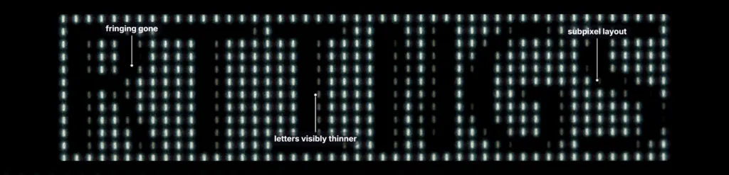 ASUS ROG Swift OLED PG27AQDP - ClearType disabled Macro crop of OLED screen text with ClearType off, framed and labeled to show the fringing gone, the letters visibly thinner, and the subpixel layout of individual glowing dots