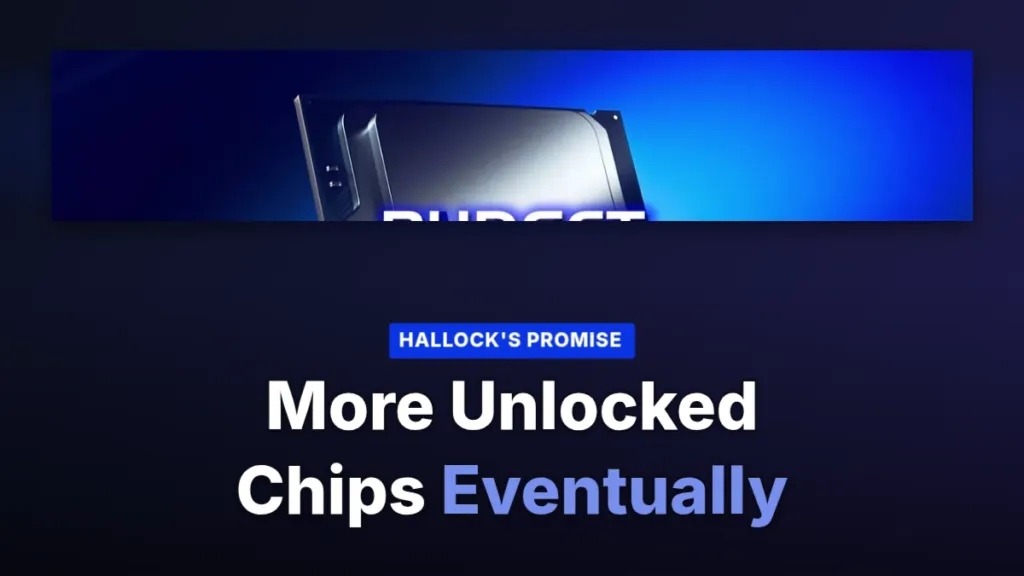 A cropped strip of the top edge of an Intel Core Ultra processor on a dark navy to indigo gradient, with the headline More Unlocked Chips Eventually below it