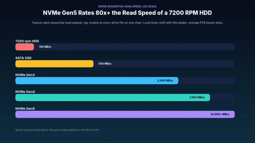 Log-scale chart plotting rated sequential read speeds from a 7200 rpm hard drive through SATA SSD to NVMe Gen5