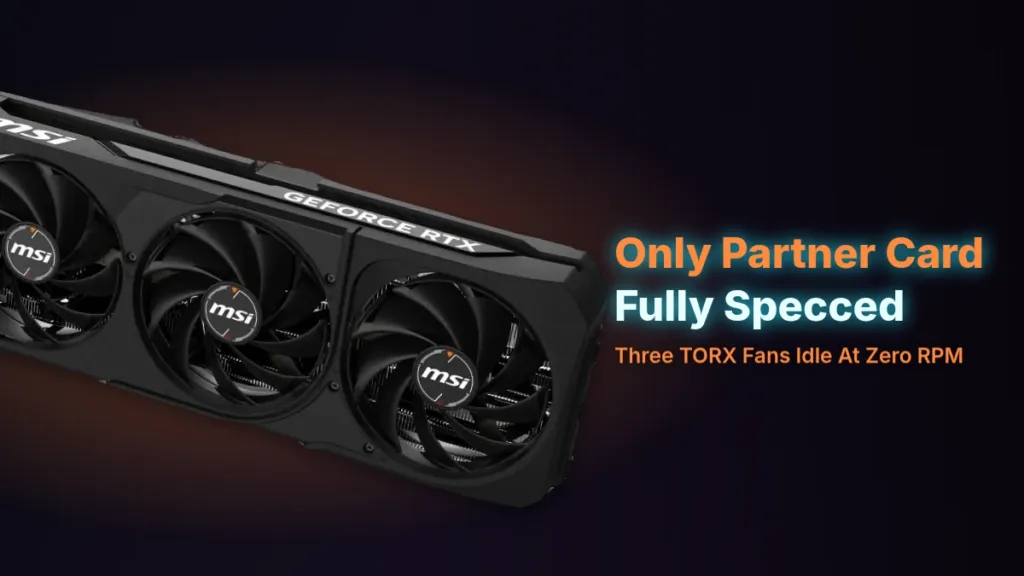 The MSI GeForce RTX 5080 16GB SHADOW 3X OC graphics card, cut out with its triple-fan cooler visible, set against a dark gradient backdrop beside the headline "Only Partner Card Fully Specced"