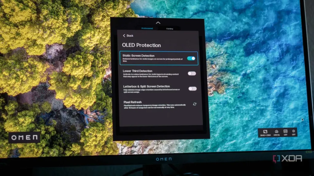 OLED monitor panel care settings menu showing pixel refresh and burn-in mitigation options