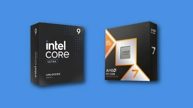 Retail boxes for Intel Core Ultra 9 and AMD Ryzen 7 sitting side by side
