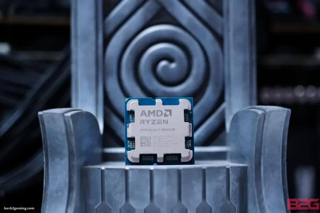 The AMD Ryzen 7 9850X3D processor die shot showing the stacked cache layout